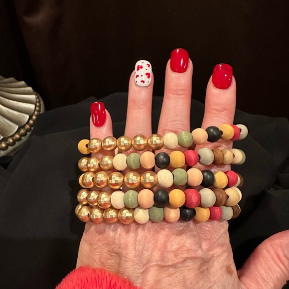 Five Strand Wood Beaded Stretch Bracelet In Fall Colors, NWT - Picture 9 of 11